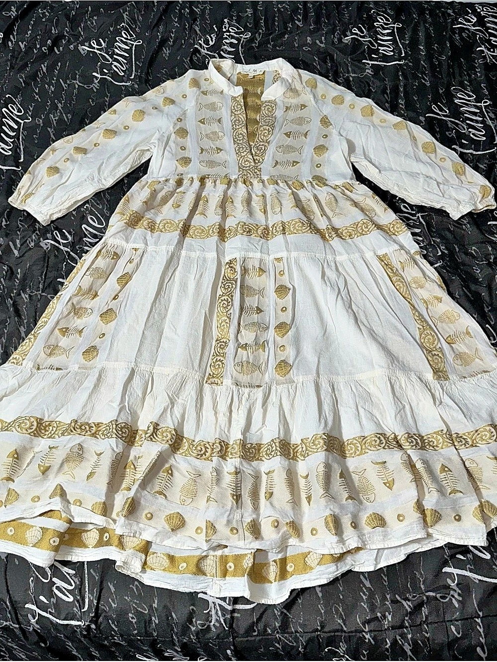 NEMA White/Gold Fish Print Embroidered Ruffle V-Neck A-Line Maxi M/L